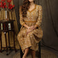 Casual mustard floral printed gathered dress with highlighted with beautiful pearl hand embroidery