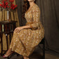 Casual mustard floral printed gathered dress with highlighted with beautiful pearl hand embroidery