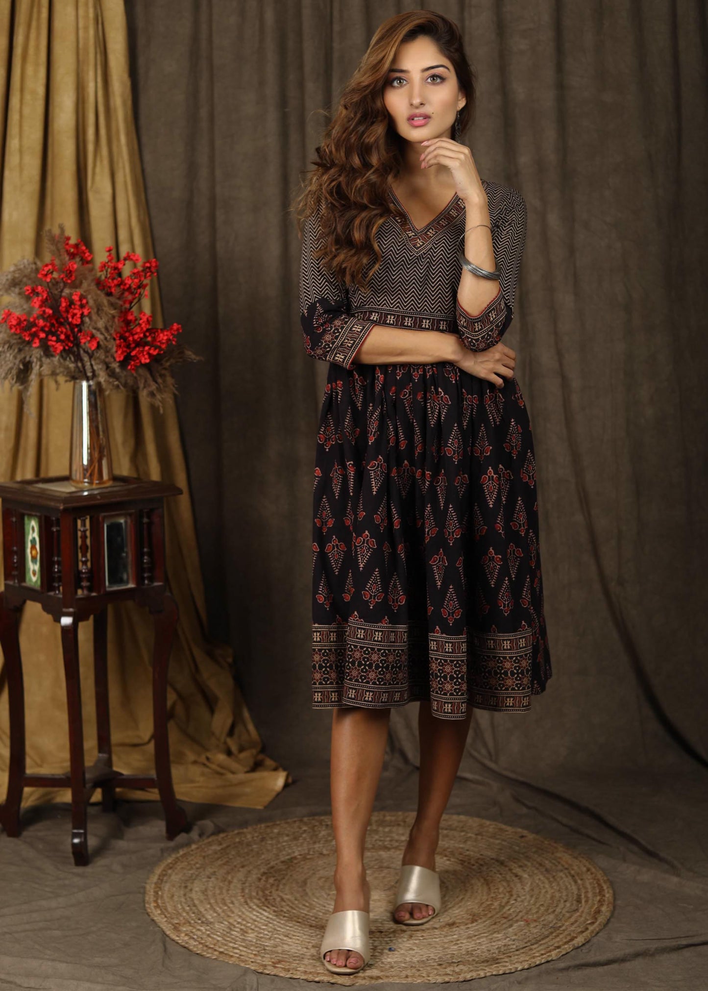 Beautiful Ajrakh combination gathered dress