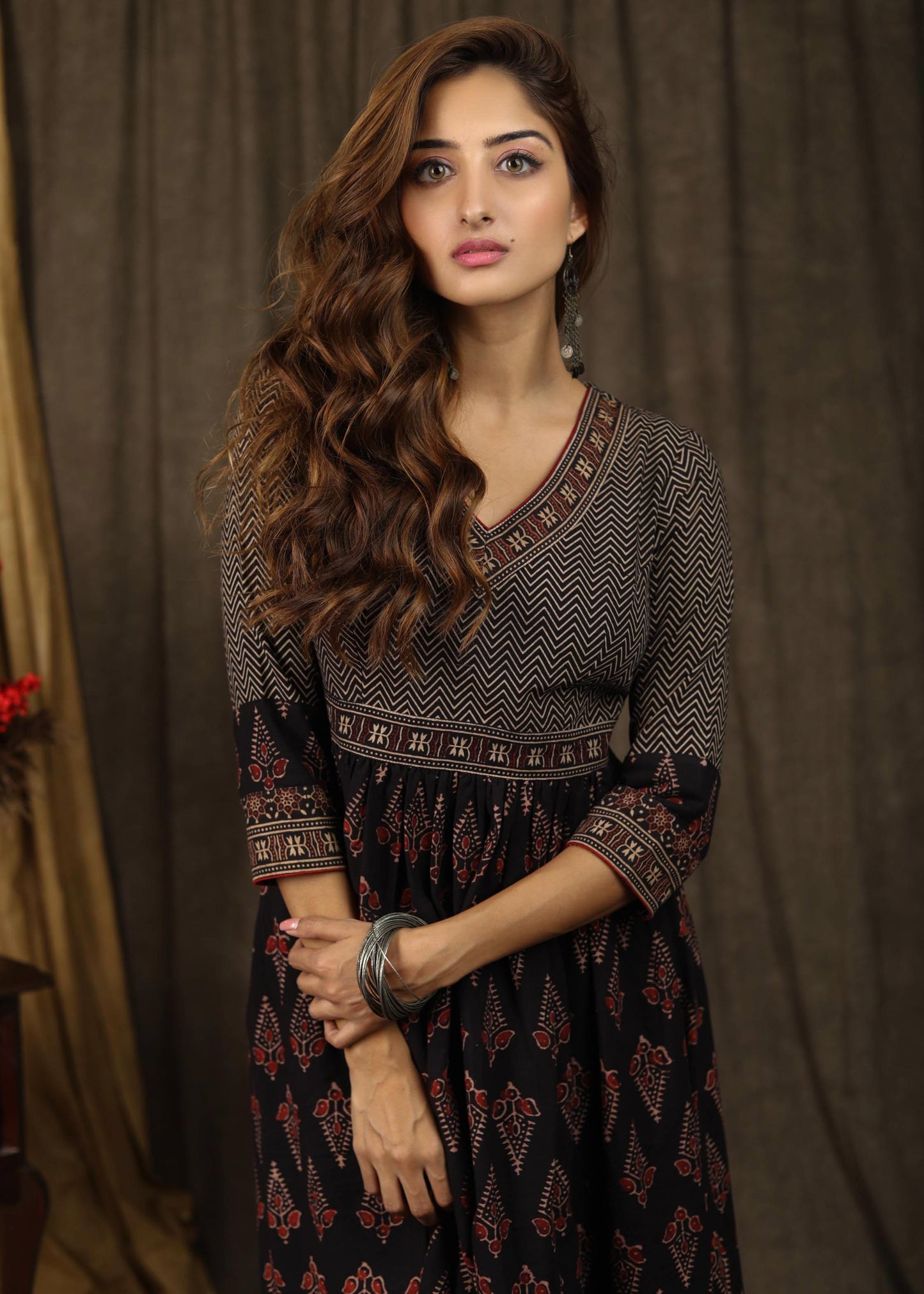 Beautiful Ajrakh combination gathered dress