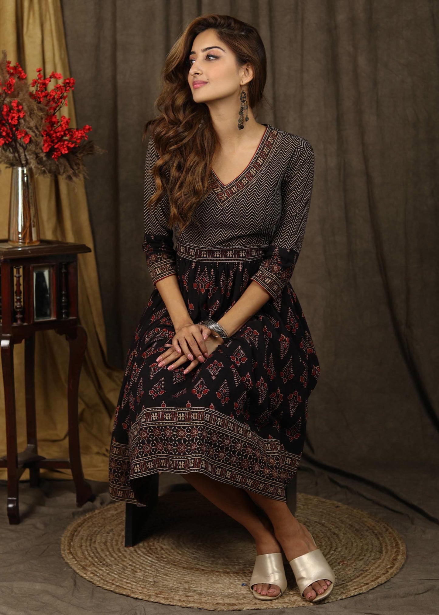 Beautiful Ajrakh combination gathered dress