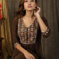 Trendy  henna brown A-Line dress with classy mirror embroidery on yoke & sleeves