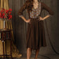 Trendy  henna brown A-Line dress with classy mirror embroidery on yoke & sleeves