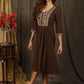Trendy  henna brown A-Line dress with classy mirror embroidery on yoke & sleeves