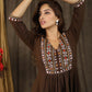 Trendy  henna brown A-Line dress with classy mirror embroidery on yoke & sleeves