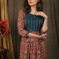Elegant kalamkari dress with beautiful teal embroidered yoke