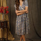 Casual floral printed dress highlighted with multicolor mirror embroidered lace