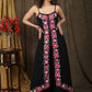 Classy black boho inspired strappy maxi dress with floral embroidery on front layer with optional georgette shrug