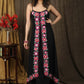 Classy black boho inspired strappy maxi dress with floral embroidery on front layer with optional georgette shrug