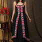 Classy black boho inspired strappy maxi dress with floral embroidery on front layer with optional georgette shrug