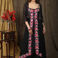 Classy black boho inspired strappy maxi dress with floral embroidery on front layer with optional georgette shrug