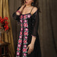 Classy black boho inspired strappy maxi dress with floral embroidery on front layer with optional georgette shrug