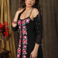 Classy black boho inspired strappy maxi dress with floral embroidery on front layer with optional georgette shrug