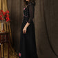 Classy black boho inspired strappy maxi dress with floral embroidery on front layer with optional georgette shrug