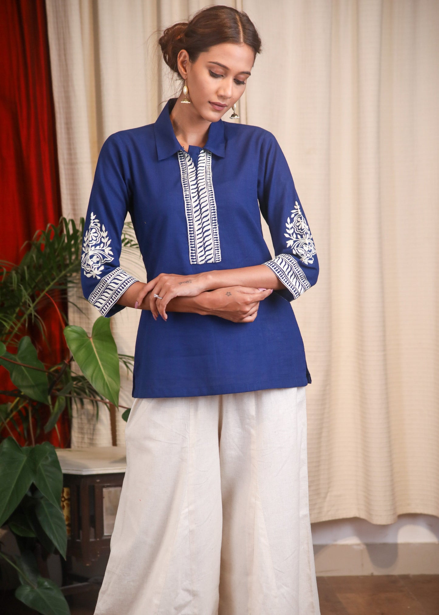 Navy Blue Cotton Fine Embroidered Top