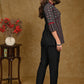 Black And Red Ajrakh Combination Top with Maroon Chinese Collar