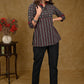 Black And Red Ajrakh Combination Top with Maroon Chinese Collar
