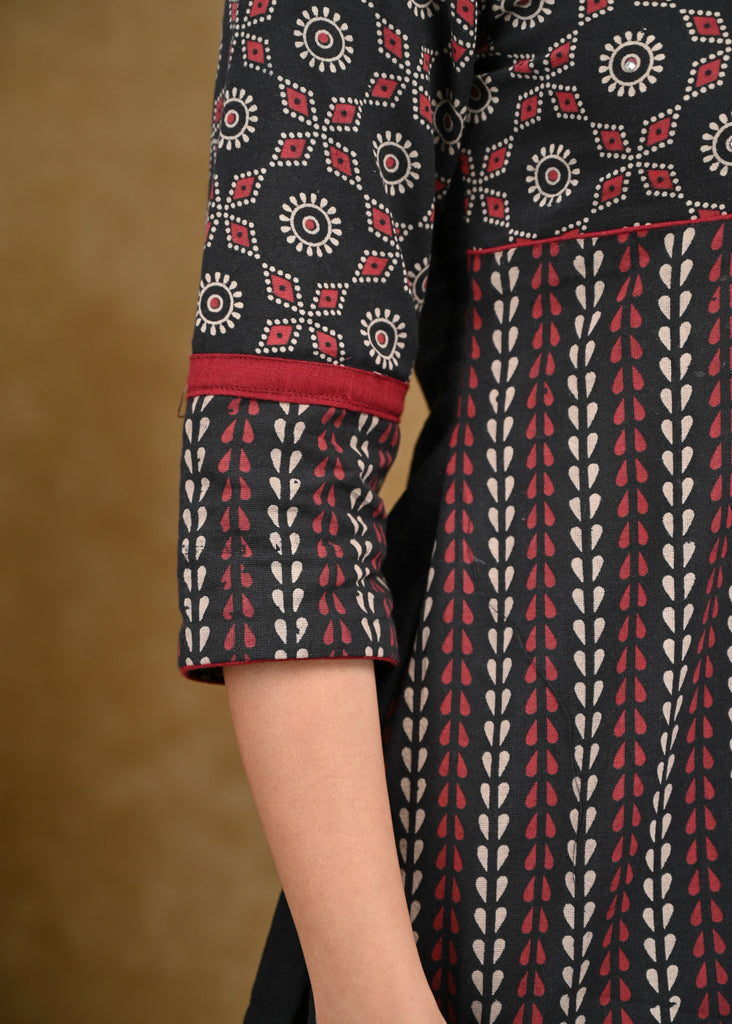 Black And Red Ajrakh Combination Top with Maroon Chinese Collar