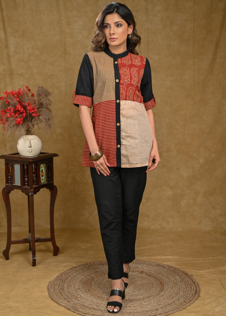 Cotton Ajrakh Top with Ambi Ajrakh and Stipes Ajrakh Combination