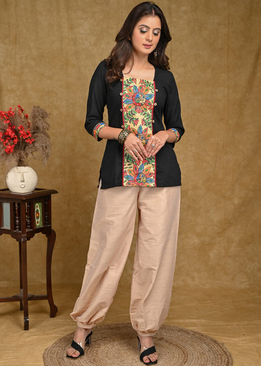 Black Cotton Top with Exclusive Madhubani Painting Patch