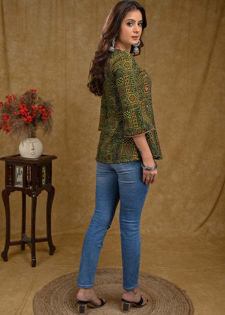 Green Ajrakh Crossover Top with Pink Mirror Work