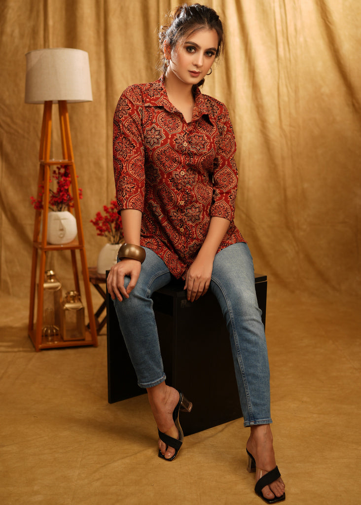 Elegant Maroon Ajrakh Mugal Print Shirt