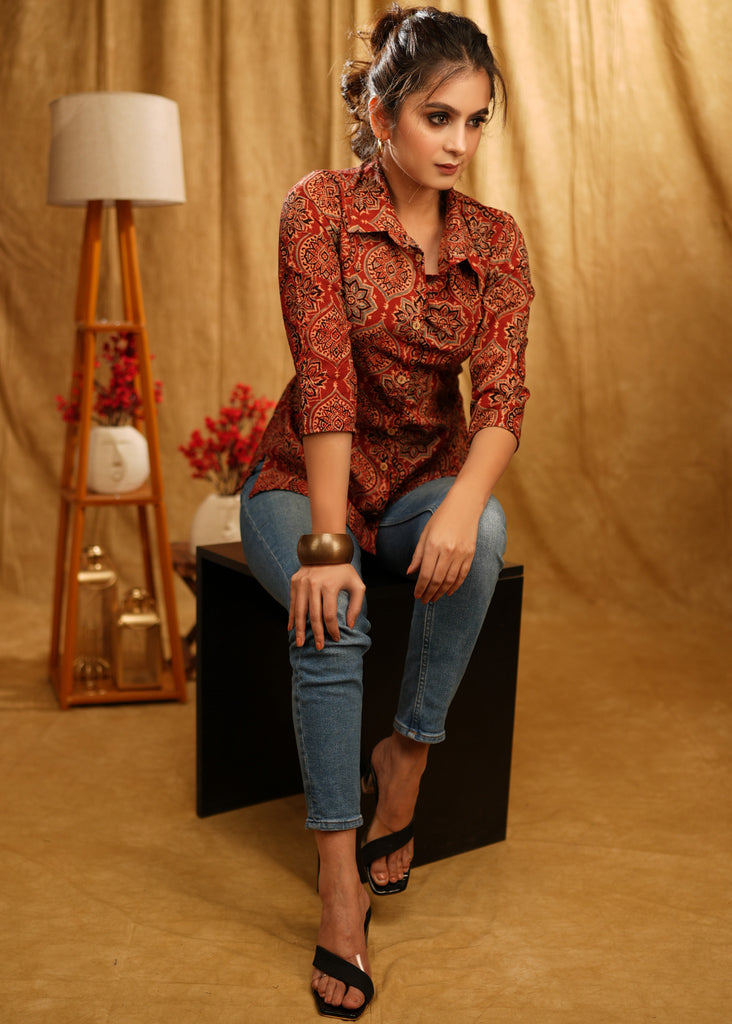 Elegant Maroon Ajrakh Mugal Print Shirt