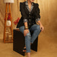 Elegant Black Top with Printed Collar, Printed Buttons & Printed Facing on Sleeves.