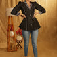 Elegant Black Top with Printed Collar, Printed Buttons & Printed Facing on Sleeves.