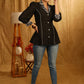 Elegant Black Top with Printed Collar, Printed Buttons & Printed Facing on Sleeves.