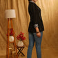 Elegant Black Top with Printed Collar, Printed Buttons & Printed Facing on Sleeves.