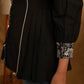 Elegant Black Top with Printed Collar, Printed Buttons & Printed Facing on Sleeves.
