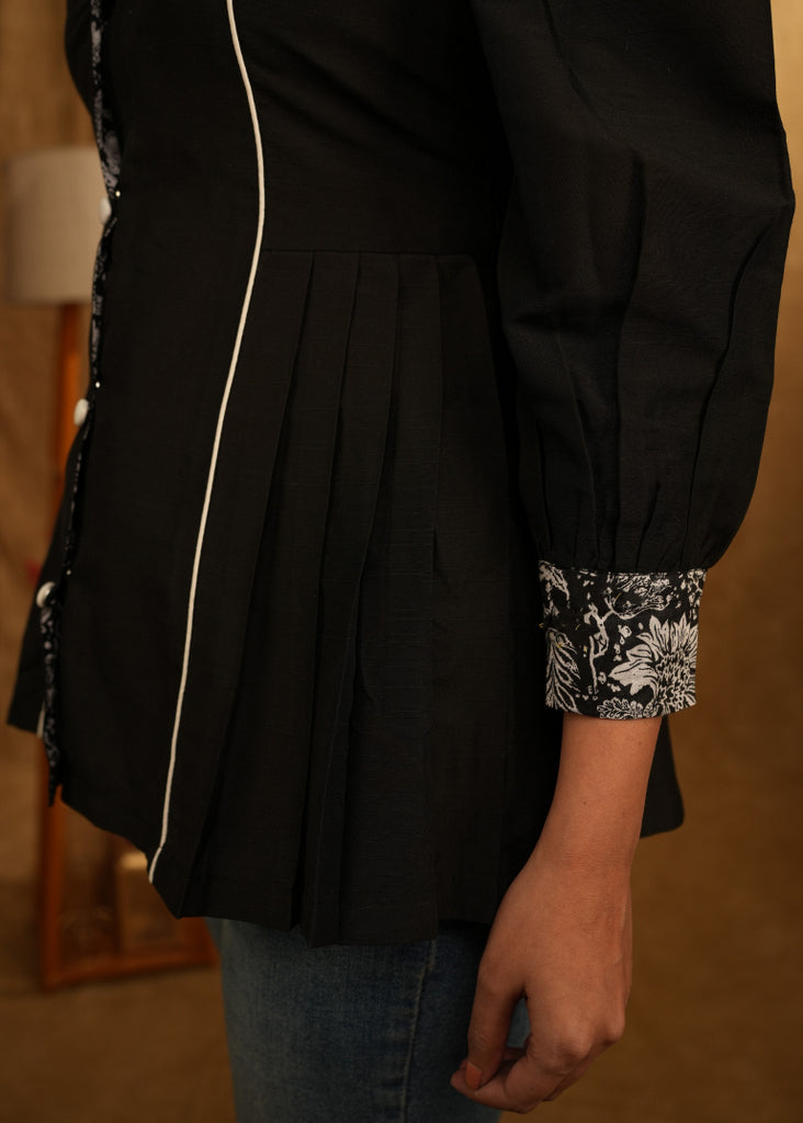 Elegant Black Top with Printed Collar, Printed Buttons & Printed Facing on Sleeves.