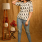 Grey Ikat Top with Grey Buttons and Elastic