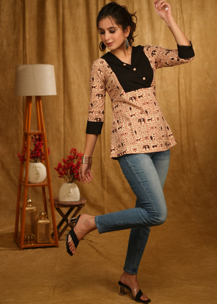Exclusive Animal Print Top with with Black Cuffs and Wooden Buttons