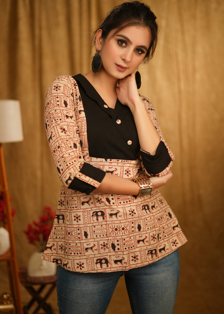 Exclusive Animal Print Top with with Black Cuffs and Wooden Buttons