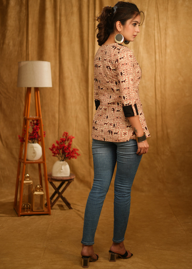 Exclusive Animal Print Top with with Black Cuffs and Wooden Buttons