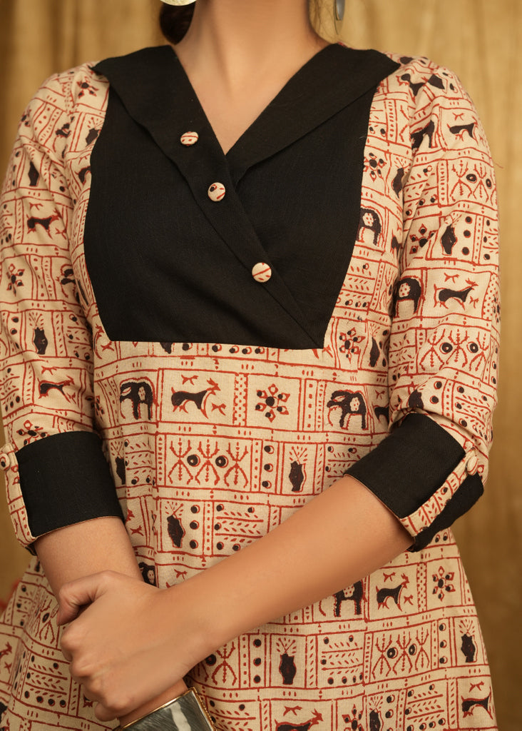 Exclusive Animal Print Top with with Black Cuffs and Wooden Buttons