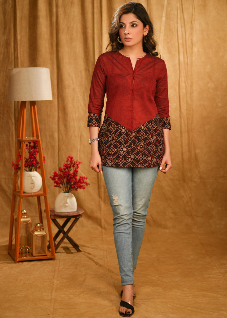 Maroon Cotton Top with Black Ajrakh Combination