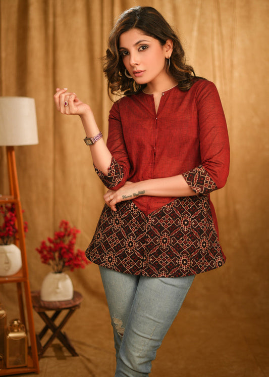 Maroon Cotton Top with Black Ajrakh Combination