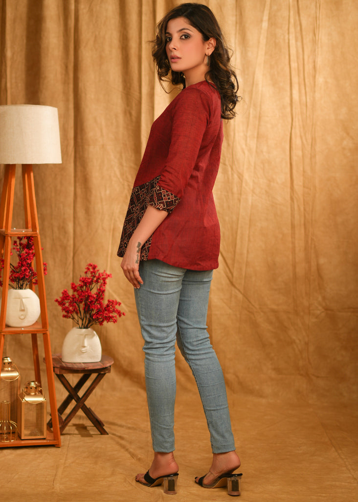 Maroon Cotton Top with Black Ajrakh Combination