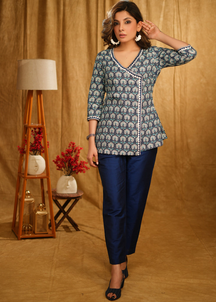 Classy Floral Kantha Indigo Crossover Top with Beautiful Embroidery on Hems