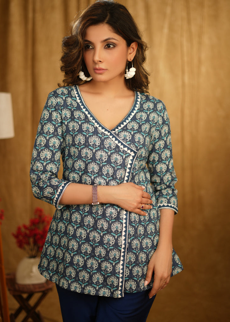 Classy Floral Kantha Indigo Crossover Top with Beautiful Embroidery on Hems