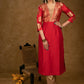 Party Wear Red Cotton Silk Kurta with Brocade Yoke and Sleeves - Pant Optional