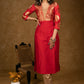 Party Wear Red Cotton Silk Kurta with Brocade Yoke and Sleeves - Pant Optional