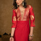 Party Wear Red Cotton Silk Kurta with Brocade Yoke and Sleeves - Pant Optional