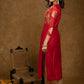 Party Wear Red Cotton Silk Kurta with Brocade Yoke and Sleeves - Pant Optional