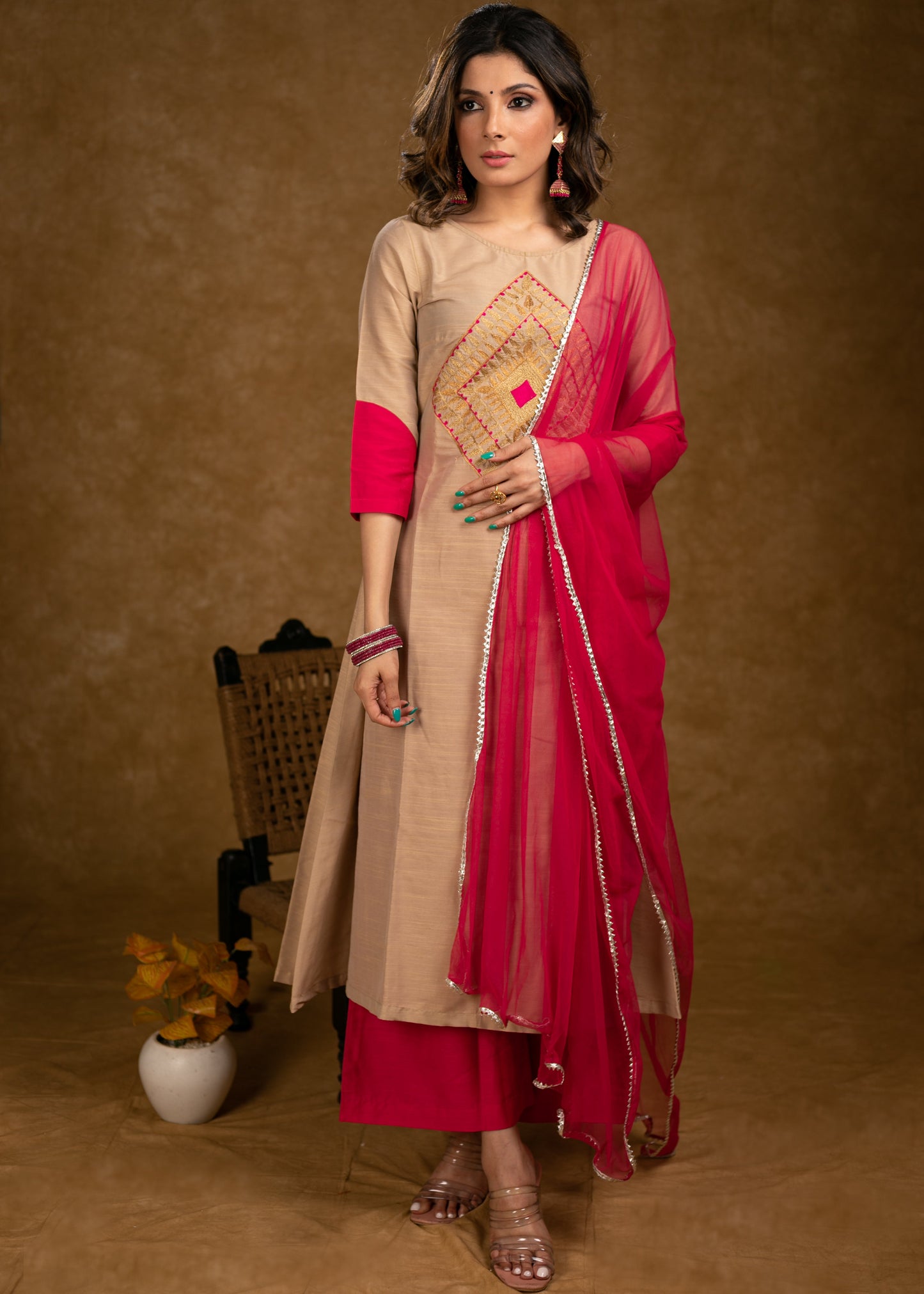 Exclusive Beige Cotton Silk Kurta Highlighted with Classy Zari Work and Dupatta - Pant Optional