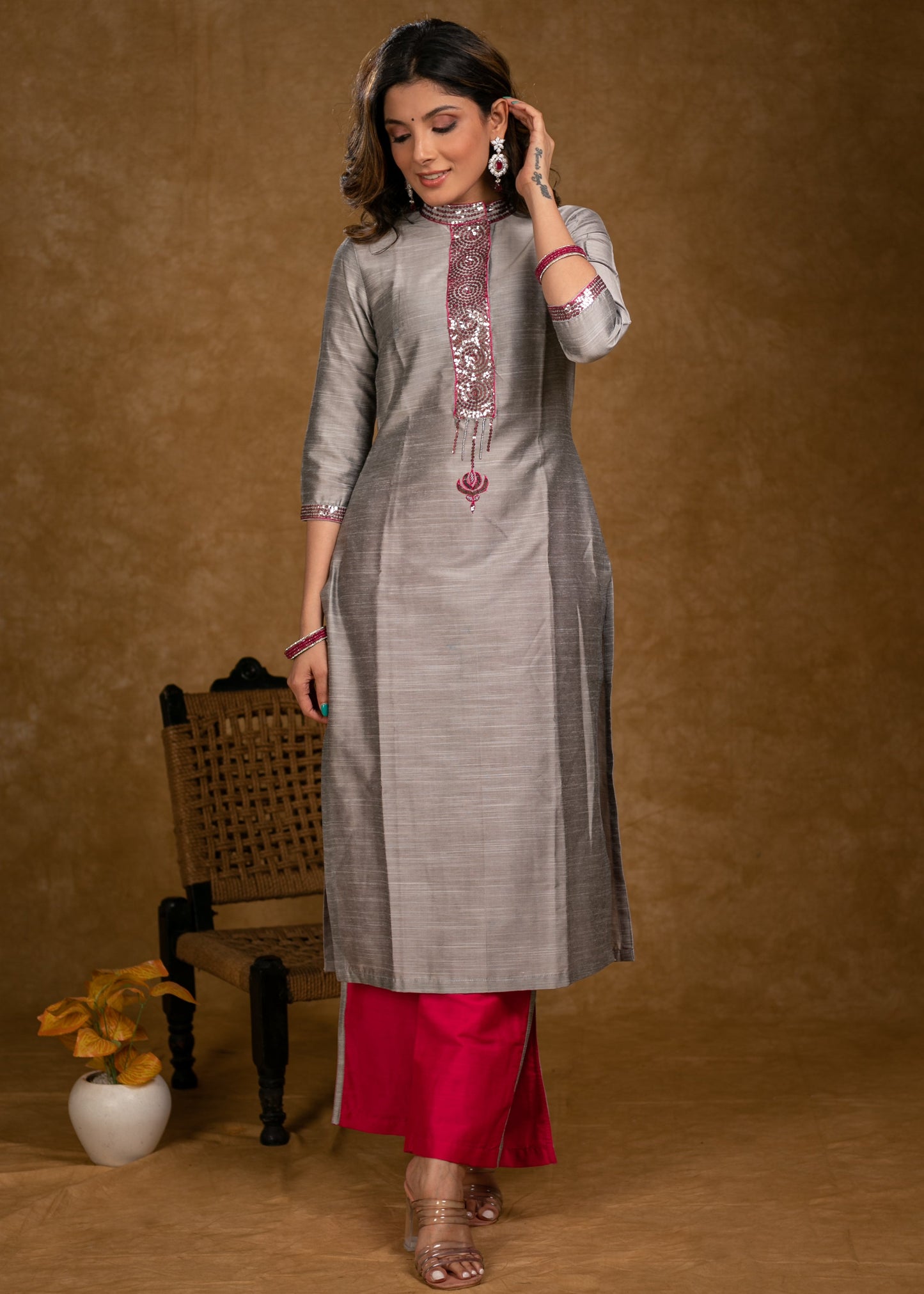 Classy Grey Cotton Silk Kurta with Sequence Hand Embroidery with Pink Palazzo -2 Piece