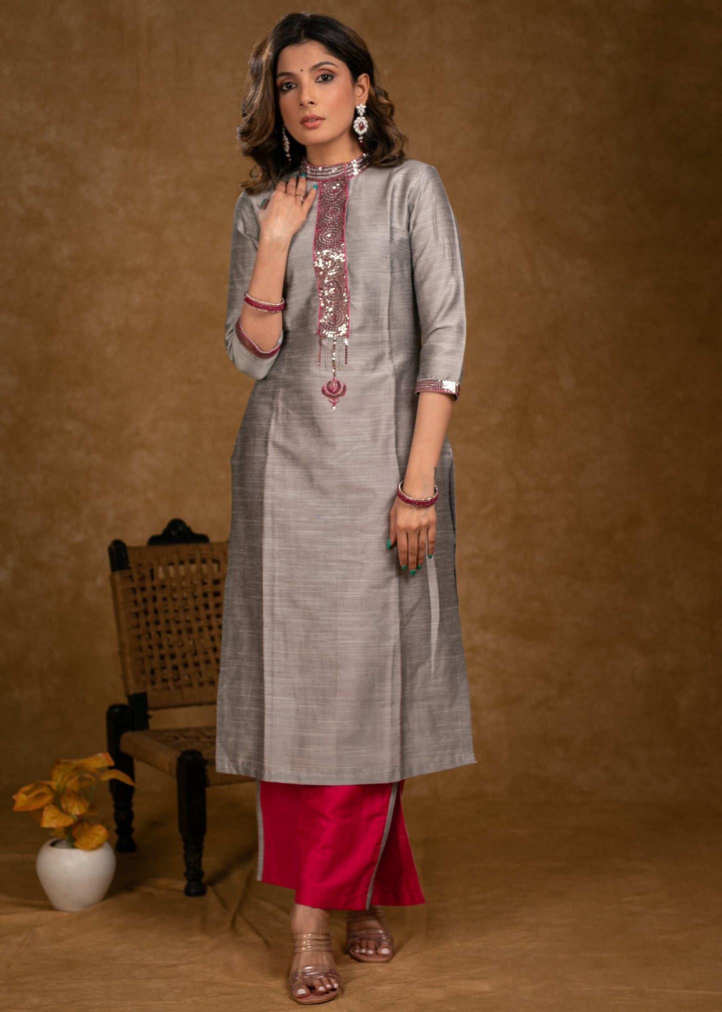 Classy Grey Cotton Silk Kurta with Sequence Hand Embroidery with Pink Palazzo -2 Piece